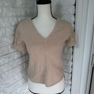 Reference Point Lambswool Short Sleeved Sweater w/ Crochet Floral Sleeves